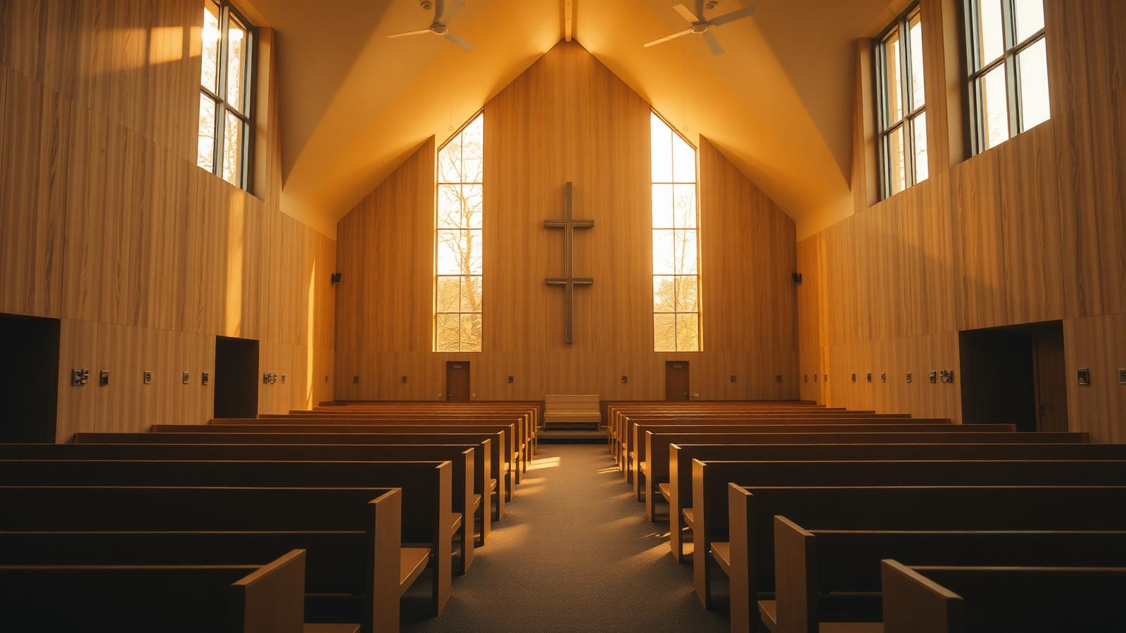 Modern chapel interior in warm golden light